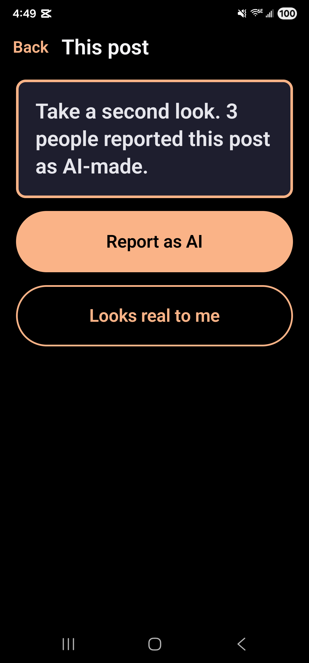 SecondLook on Android after a post was shared to it. A highlighted card says 3 people reported this post as AI-made, above a button to report it as AI and one to say it looks real.